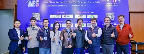 Members of the Hinge Technology and KDPOF teams at the Automotive Ethernet Summit China 2024 in Shanghai. Courtesy of KDPOF.