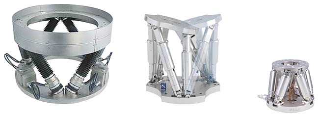 Figure 2. Hexapods vary in design and size. A large hexapod for astronomical telescopes has a 600-mm platform diameter and a 200-kg load capacity (left); a midsize hexapod (center) has a 300-mm platform diameter and a 50-kg load capacity; and a miniature hexapod (right) has a 100-mm platform diameter and a 5-kg load capacity. Courtesy of PI.