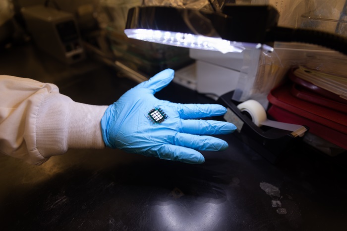 This prototype all-perovskite tandem solar cell measures one square centimeter and has a power conversion efficiency of 27.4%, which is higher than is currently possible with traditional single-junction silicon solar cells. Courtesy of Aaron Demeter/University of Toronto Engineering.