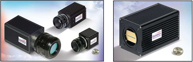 Commercial SWIR imaging cameras come in various camera sizes for 320 × 256 and 640 × 512 pixel image sensor formats (left). On the right is a commercial SWIR digital line-scan camera with a 1024-element linear array that features square 25-µm pixels.