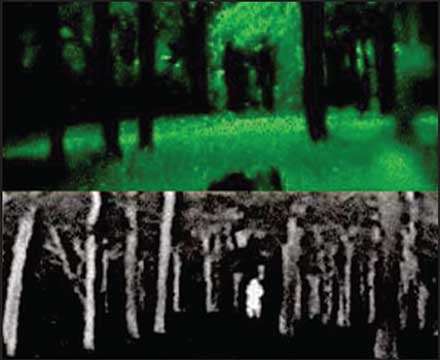Woodline seen through Gen 3 night-vision device (top) and seen with IR technology (bottom).