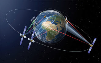 An illustration of laser data transmission between satellites in low-Earth and geostationary orbits.