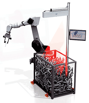 A graphic of Sick’s PLB robotic bin picking system. \