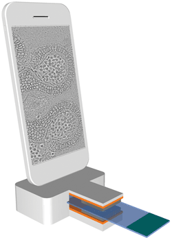 A miniaturized, fully integrated microscope-on-a-chip used as a mobile phone extension.