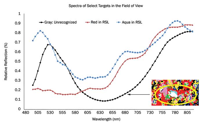 This graph indicates the percent-reflection plots of two RSL spectra and an unknown spectrum observed, as shown in the hyperspectral image in gray. 