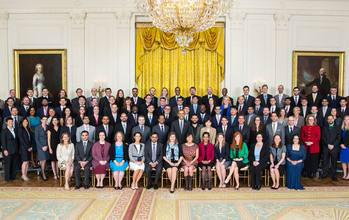 President Barack Obama joins PECASE recipients for a group photo in the White House. 