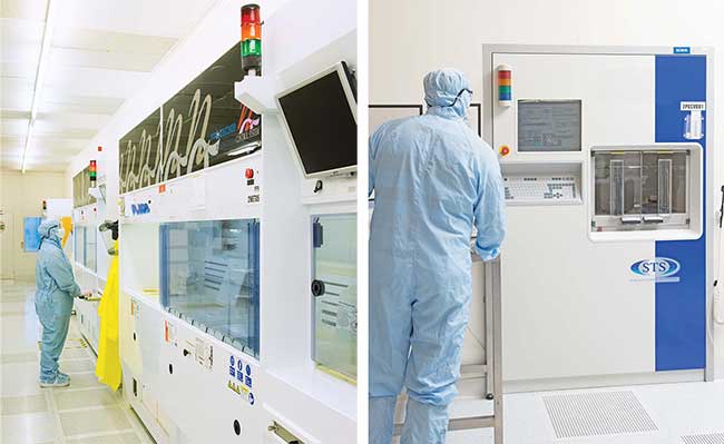 A high-volume production facility in Livingston, Scotland, is used to produce silica-on-silicon integrated optics and silicon MEMS wafers (above and right).