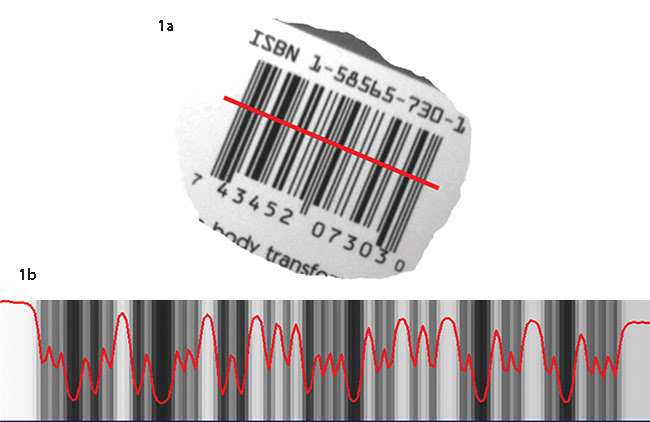 A barcode imaged at 1.5 PPM (a). A 1D signal will be extracted along the red projection line for decoding.