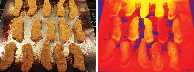 Visible (left) and LWIR (right) images of chicken strips. The LWIR image shows the variation in temperature. 