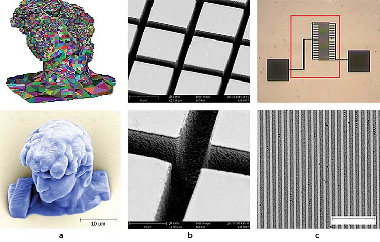Microfabrication using the Laser µFab: STL file and 3D microstructure produced using TPP (10-µm scale) (a); 2D patterns on a polymer produced using laser ablation (5-µm channels) (b); laser-assisted silver deposition on glass (3.5-µm line widths) (c). 