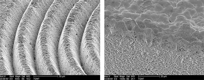 Surface structuring of AlO2 ceramics using a femtosecond laser. Right image with gold coating on the surface. 