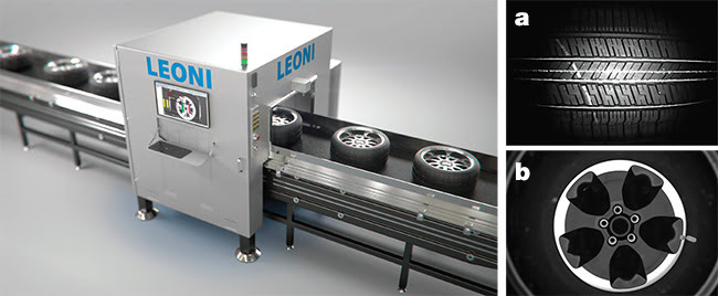 LEONI’s Wheel and Tire Validation System prevents mismatched automotive wheel-tire combinations from being made, simplifies changeover and training for new models of tires and wheels, and provides 3D and 2D surface analysis of key features. This system identifies defects such as a mark on a tire (a), and validates the color, style, and orientation of the center cap (b). Images courtesy of Leoni.