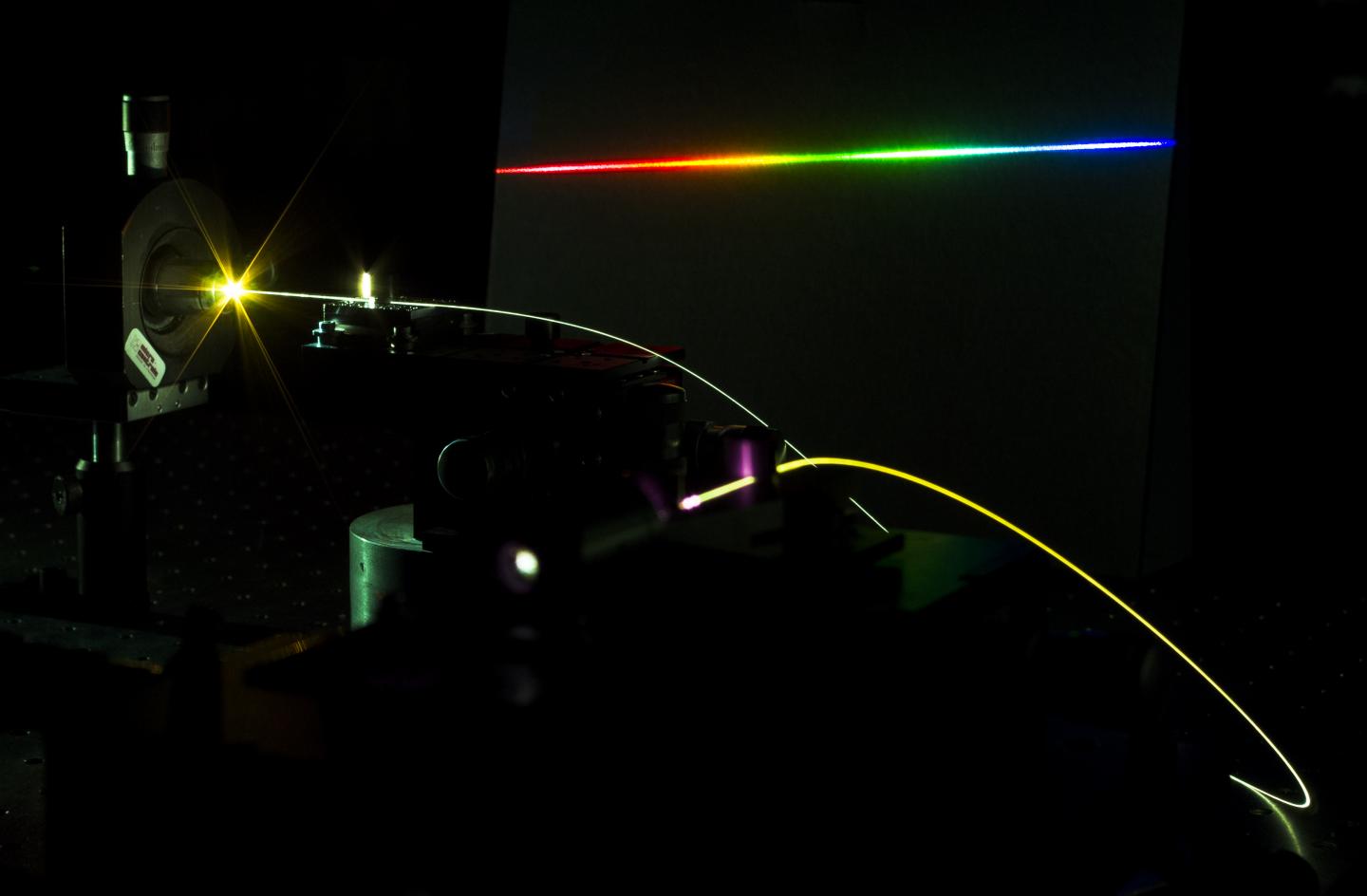 An ultrashort pulse is sent into an optical fiber and produces new frequency components via intense light-matter interactions. INRS and University of Sussex.