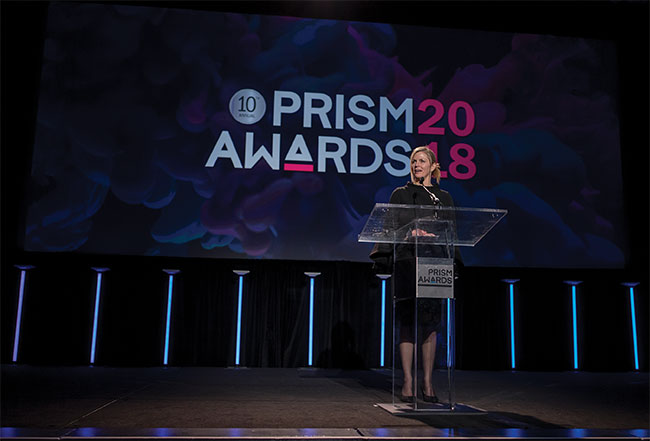  Pamela Robertson, industry program manager at SPIE, speaks at the 2018 Prism Awards.