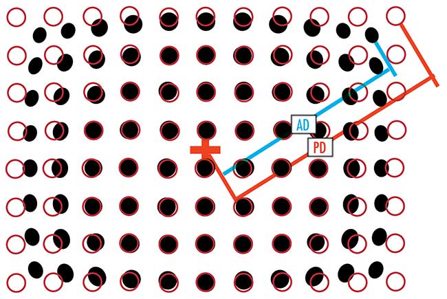 Calibrated target (red circles) versus true performance (black dots) dot distortion pattern. AD: actual distance; PD: predicted distance. 