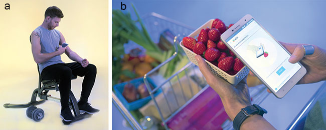 he Changhong H2 can be used for several health-related analyses (a) and can detect the freshness and sweetness of fruits such as strawberries (b).