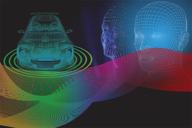 Artist’s conception of 3D imaging in an automotive application. 3D imaging is playing a key role in pick-and-place, assembly, and inspection.