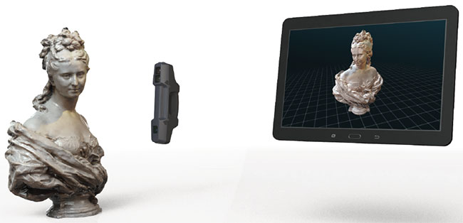 Hand-held scanner uses structured light technology to capture accurate 3D data out to 4.5 m. 