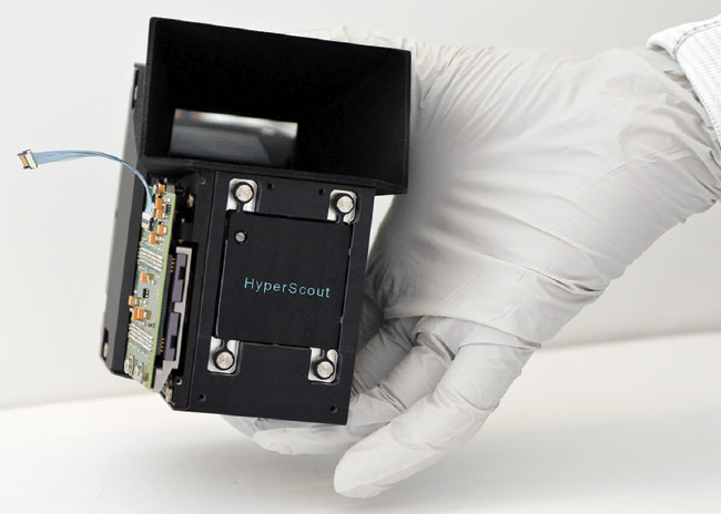 Figure 1. The HyperScout hyperspectral imager, now in orbit aboard the GomX-4B CubeSat, gathers environmental data in 45 different spectral bands and performs its own onboard processing to reduce the amount of data sent back to the ground. Courtesy of Cosine Measurement Systems.