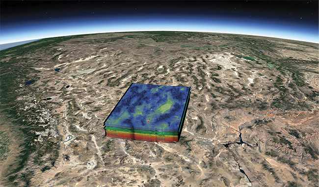 Earth-observing hyperspectral satellites obtain images along with highly precise spectral information in hundreds of nearly contiguous bands. Correlating the spectrum with a pixel in the image enables location of molecular and chemical signatures in the environment, such as methane emission from industrial facilities. Courtesy of Cosine Measurement Systems. 