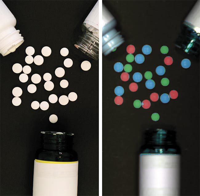 Figure 4. Pills that cannot be differentiated by color are often easily differentiable using hyperspectral imaging at IR wavelengths (left). Various types of white pills are color-coded (right). Courtesy of Resonon Inc.