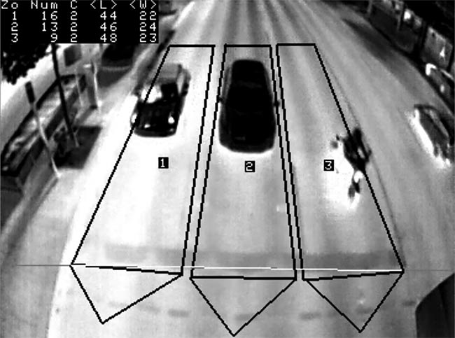 Thermal imaging performed by a FLIR TrafiData camera, enabling traffic managers to create zones according to traffic lanes and to differentiate vehicles from motorcycles and pedestrians. Courtesy of FLIR.