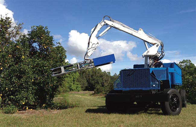  In an outdoor environment, hanging fruit moves readily, and robotic harvesting movements must be based on real-time feedback. In the case shown, cameras are built into the frame moving at the end of the hydraulic arm. Harvesting is an example of visual servoing that cannot rely on tags attached to manipulated objects, such as oranges on a tree. Courtesy of Energid Technologies Corp.