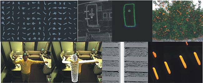 Examples of machine vision applications. (From upper left) Real-time 3D-model-based aircraft tracking; aircraft door detection for autonomous docking of boarding bridges to aircraft; orange detection for robotic citrus harvesting; gesture recognition for UAV landing guidance; automated railroad inspection; on-the-fly 3D reconstruction of glass gobs for glass-manufacture quality control. Courtesy of Energid Technologies Corp.