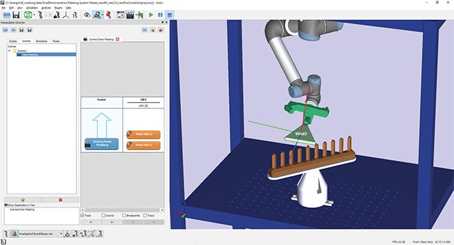 A screenshot of Actin software from Energid Technologies Corp. depicts graphical control of a robot, a moving base, and machine vision. Courtesy of Energid Technologies Corp.