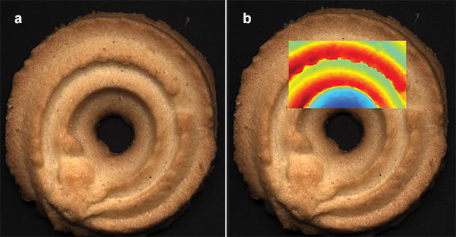 Cookies captured by a stereo 3D color camera and examined for quality and adherence to specifications (a, b). A false color image generated to highlight potential problems (b). Courtesy of Chromasens GmbH.