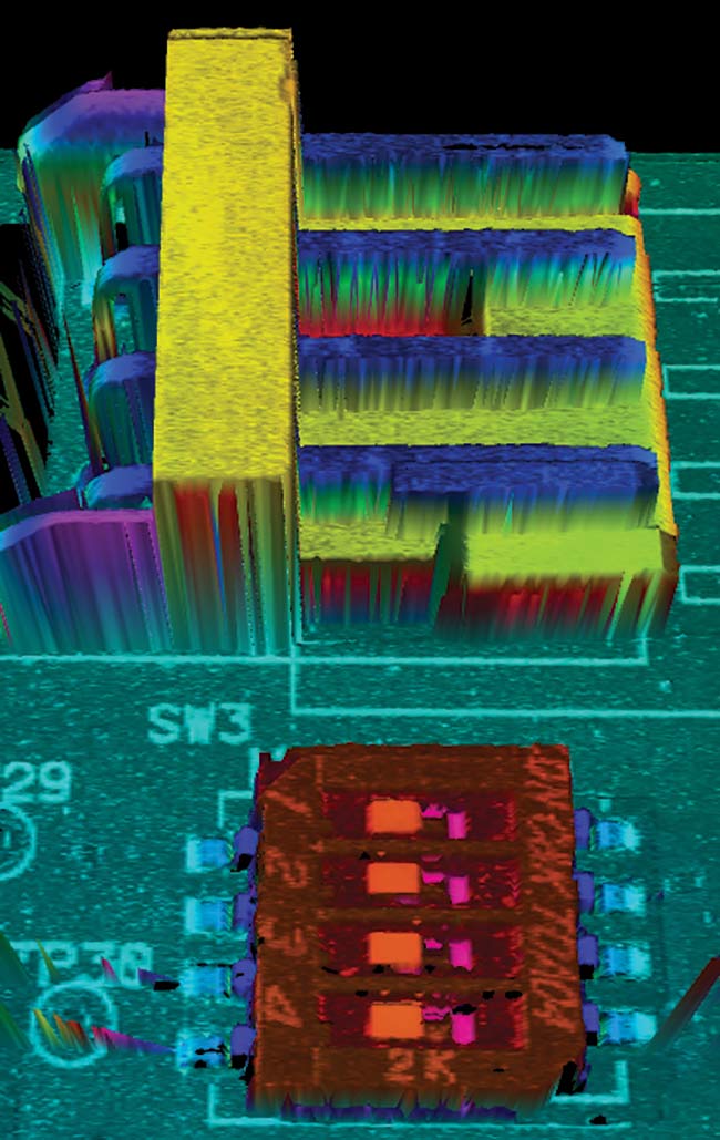 Figure 5. 3D data from a PCB with components scanned by a red 660-nm laser. Speckle-related noise is clearly visible as ‘orange peel’ effects. The large components measure 3 × 3 mm with a thickness of 1 mm. Courtesy of SICK AG.