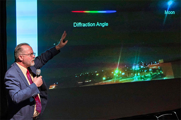 RIT Professor Grover Swartzlander discussed his work on diffractive solar sails at the NASA Inventive Genius lecture series at the Chicago Museum of Science and Industry in April 2019. Courtesy of J.B. Spector Museum of Science and Industry.