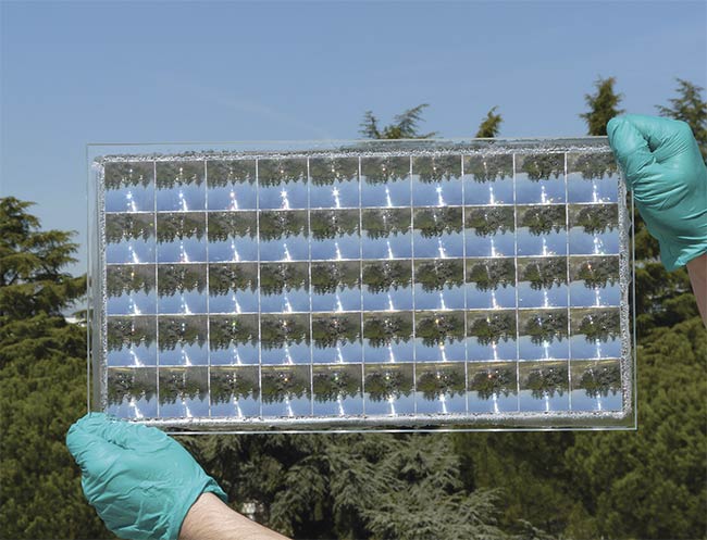 Specially designed achromatic lenses help concentrate light in a cutting-edge experimental CPV cell. Courtesy of Fraunhofer Institute for Solar Energy Systems.