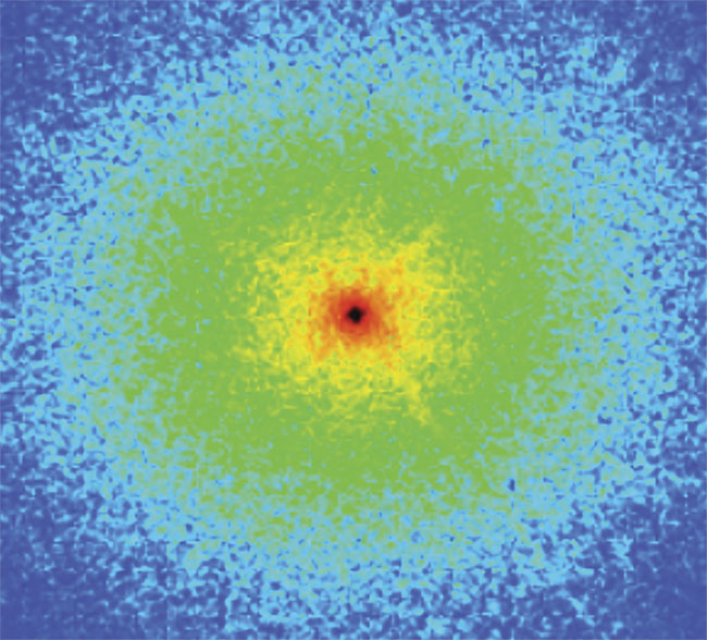 A typical individual diffraction pattern collected using a CDI approach with tabletop-generated EUV light. Such a pattern — representing a Fourier transform of the portion of the object illuminated in either transmission or reflection geometry — is directly acquired without any lens between the object and the detector. Courtesy of Kapteyn-Murnane Group/JILA, University of Colorado Boulder. 