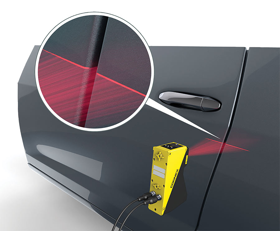 Two In-Sight VC200 machine vision cameras from Cognex verify proper gap measurements on Chrysler and Dodge vehicles, while four laser profilers confirm that doors and body panels are on the same plane. Courtesy of Cognex.