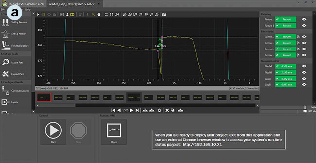 The DS1300 laser profiler software shows the results of a nonflush part (a). Courtesy of Cognex.