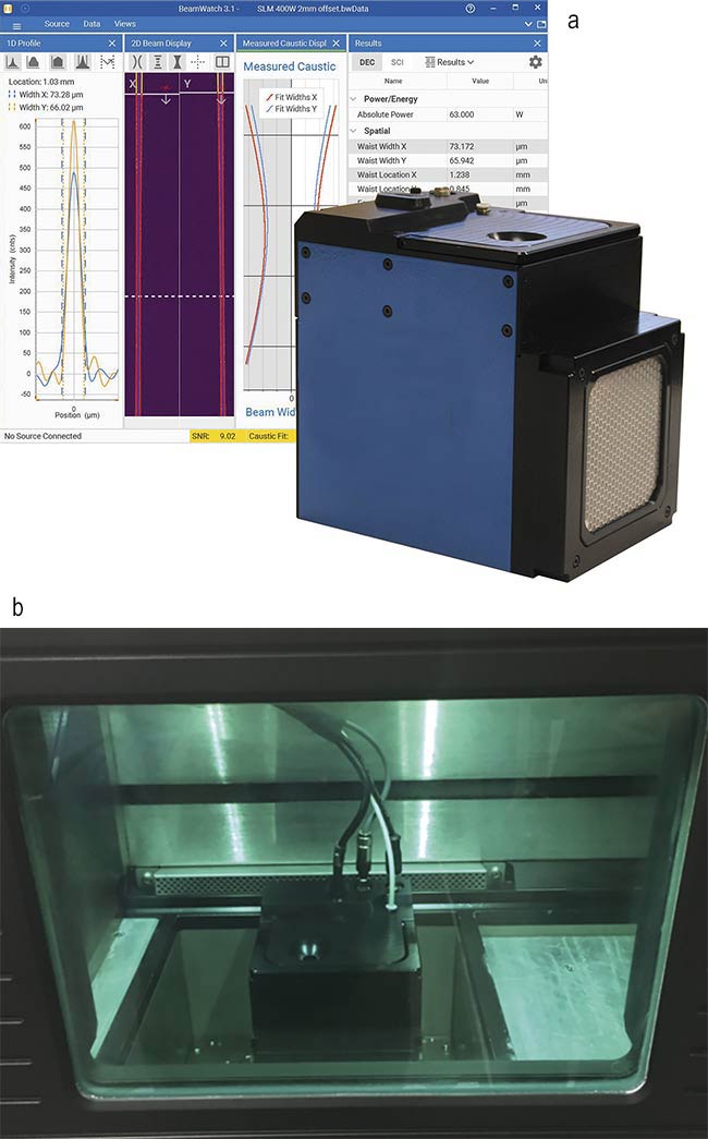 Figure 4. An integrated laser-measurement system that uses Rayleigh scattering to measure the propagation characteristics of additive-manufacturing lasers (a). Measurement system confirming parameters of laser in metal powder bed selective laser sintering (SLS) system (b). Courtesy of Ophir.