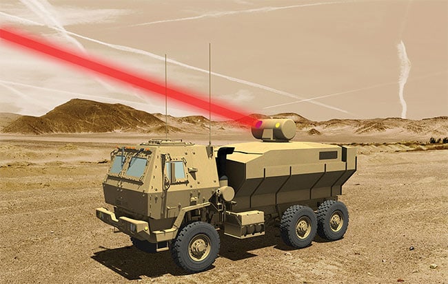 An artist’s rendering of a truck-mounted 60-kW laser weapon system for tactical U.S. Army vehicles. Courtesy of Lockheed Martin.