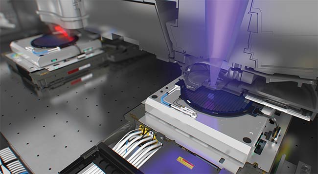 A critical step in manufacturing, semiconductor lithography uses lasers, as shown in this rendering of the exposure and printing of EUV (extreme ultraviolet) lithography of a semiconductor wafer on a stage. Courtesy of ASML.