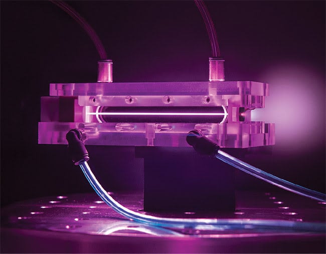 Experiments with a 9 cm-long capillary-discharge waveguide used in BELLA (the Berkeley Lab Laser Accelerator) generate multi-GeV electron beams. The plasma plume is made more prominent with HDR photography. Courtesy of Roy Kaltschmidt and Lawrence Berkeley National Laboratory/2010 The Regents of the University of California, through the Lawrence Berkeley National Laboratory.
