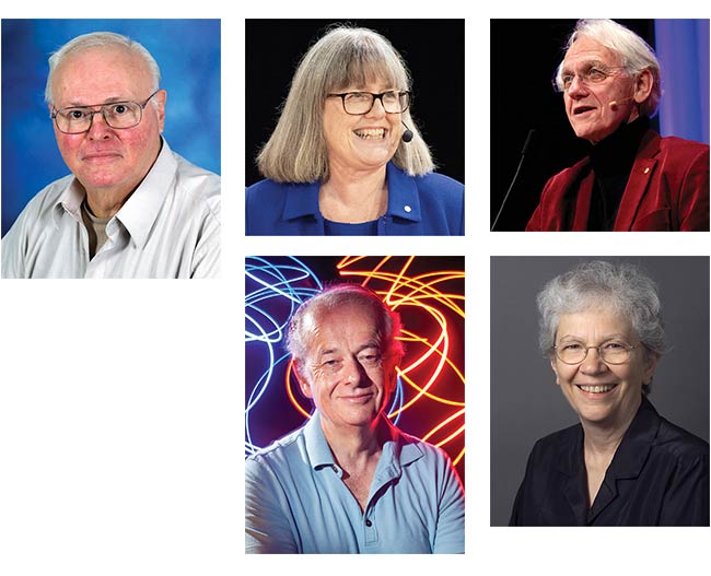 Robert Alfano (top left) Donna Strickland (top middle, courtesy Bengt Nyman) Gérard Mourou (top right, courtesy Joseph Xu, Michigan Engineering) Federico Capasso (bottom middle, courtesy Eliza Grinnel, Harvard SEAS) Mary Louise Spaeth (bottom right, courtesy Lawrence Livermore National Labs)