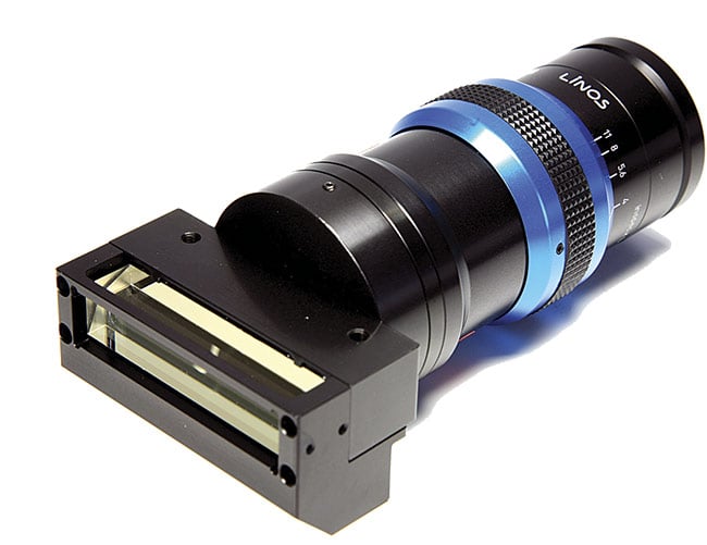 Line-scan lenses are available with a beamsplitter for coaxial illumination for inspecting highly reflective objects, such as display panel substrates, during various manufacturing phases. Courtesy of Excelitas Technologies Corp.
