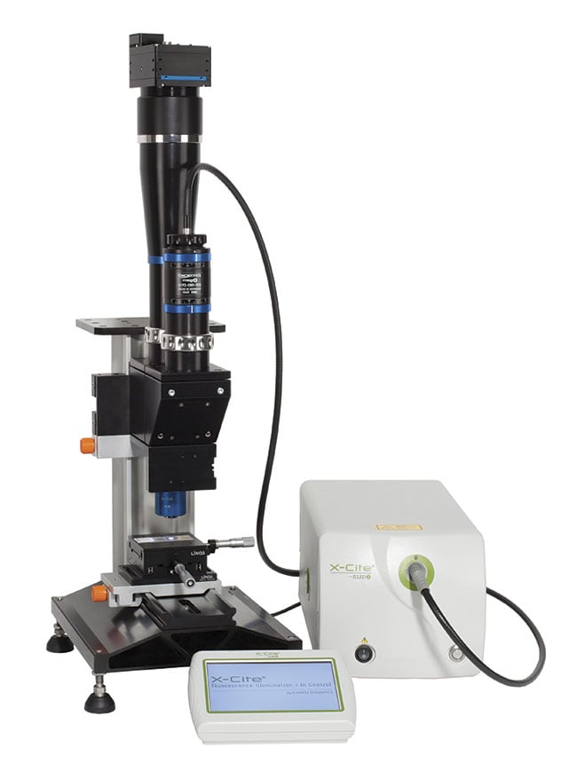 This system illustrates a highly specialized fusion between inspection optics and a microscope, enabling inspection with submicron resolution across large fields of view. Courtesy of Excelitas Technologies Corp.