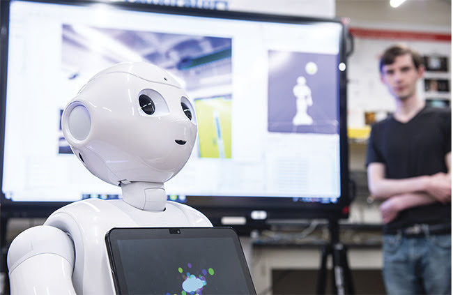 The computer screen on Pepper’s chest can be programmed to display various content during interactions, such as information about what the robot is seeing in real time. Courtesy of Rensselaer Polytechnic Institute.