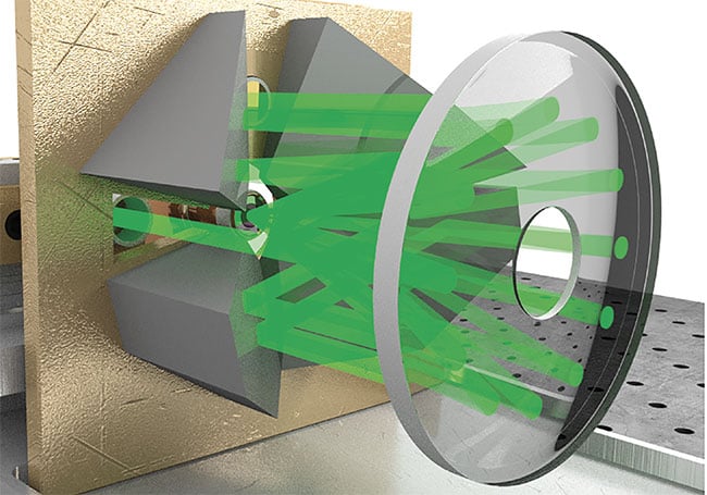 Figure 1. A conceptual illustration of a thin-disk laser head, showing the disk and the many reflections of the pump beam onto the disk. Adapted from Reference 2. Courtesy of Ursula Keller Group.