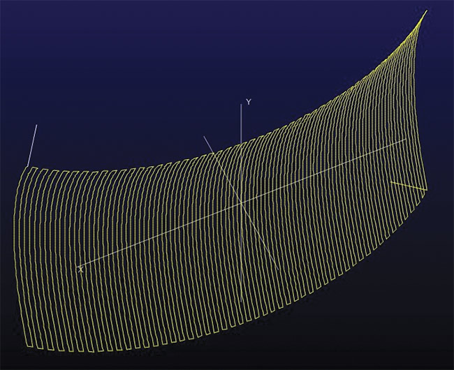 Machine simulation of a raster mode tool path (top). Tool path for raster mode machining (bottom). Production of freeform surfaces, in contrast to that of spherical lenses, is much more complex and requires a point contact between tool and workpiece. This, in turn, requires some overlap to ensure minimum removal. Smaller overlaps between workpiece and tool, however, increase the potential for transitions to adversely affect surface quality and the accuracy of the geometry. Due to the point contact, the lens must be machined in a raster mode, which requires care to ensure that the machining direction or the individual lines are not reflected in the workpiece. Courtesy of Satisloh.