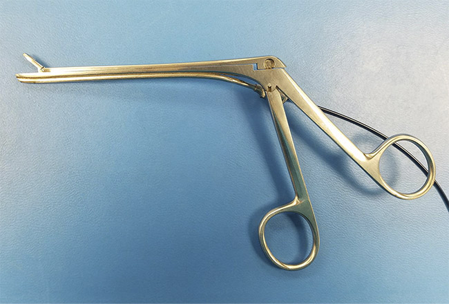 Figure 4. Endoscopic forceps with an embedded wafer-level camera. Courtesy of Myriad Fiber Imaging Tech. Inc.