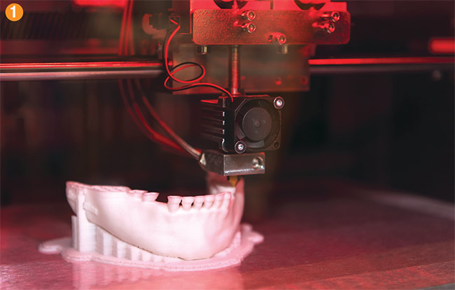 A 3D-printed prosthetic jaw (1); a close-up shot of a prosthetist assembling a prosthetic leg (2); various explanted pacemakers, defibrillators, and event recorders (3); a rendering of a 3D printer printing a prosthetic spine (4).