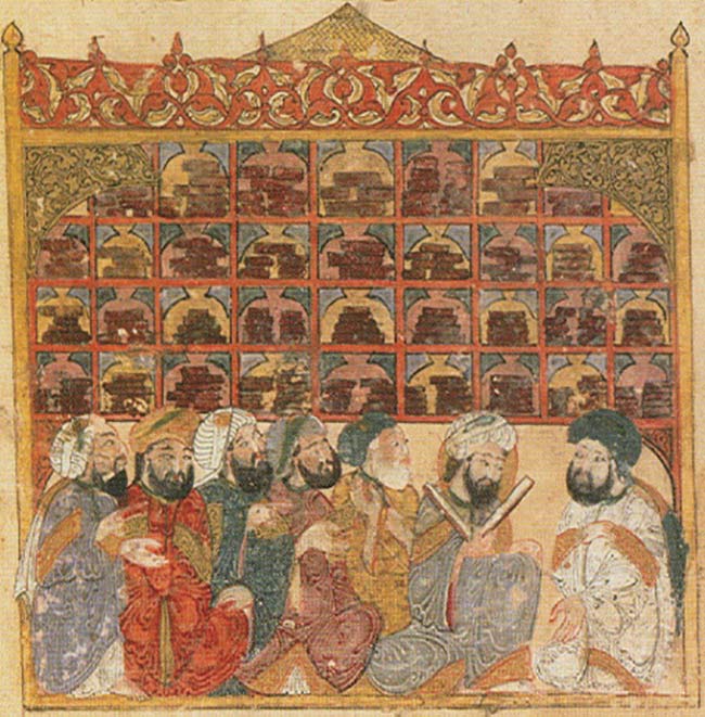 Maqamat of al-Hariri by Yahyá al-Wasiti (1237) depicts an illustration of scholars at an Abbasid library. Courtesy of National Library of France in Paris.