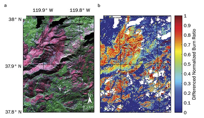A post-fire color composite image captured by JPL’s AVIRIS over the 2013 Rim fire in California (a). The same area shown as a hyperspectral differenced normalized burn ratio (b). See Reference 1. Courtesy of Sander Veraverbeke.